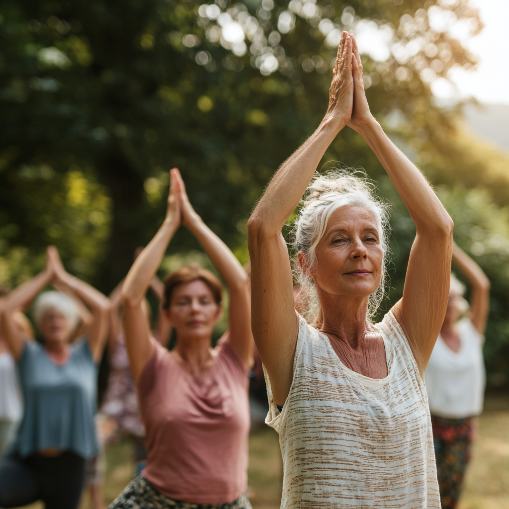 Усмихната българска жена на средна възраст в йога поза сред природата, демонстрираща гъвкавост и спокойствие