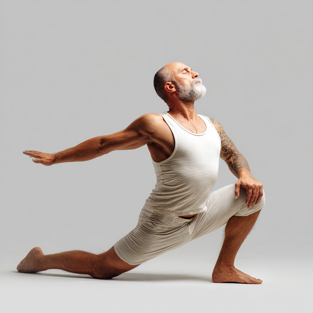 Усмихнат български мъж на средна възраст в медитативна поза, демонстриращ спокойствие и съсредоточеност